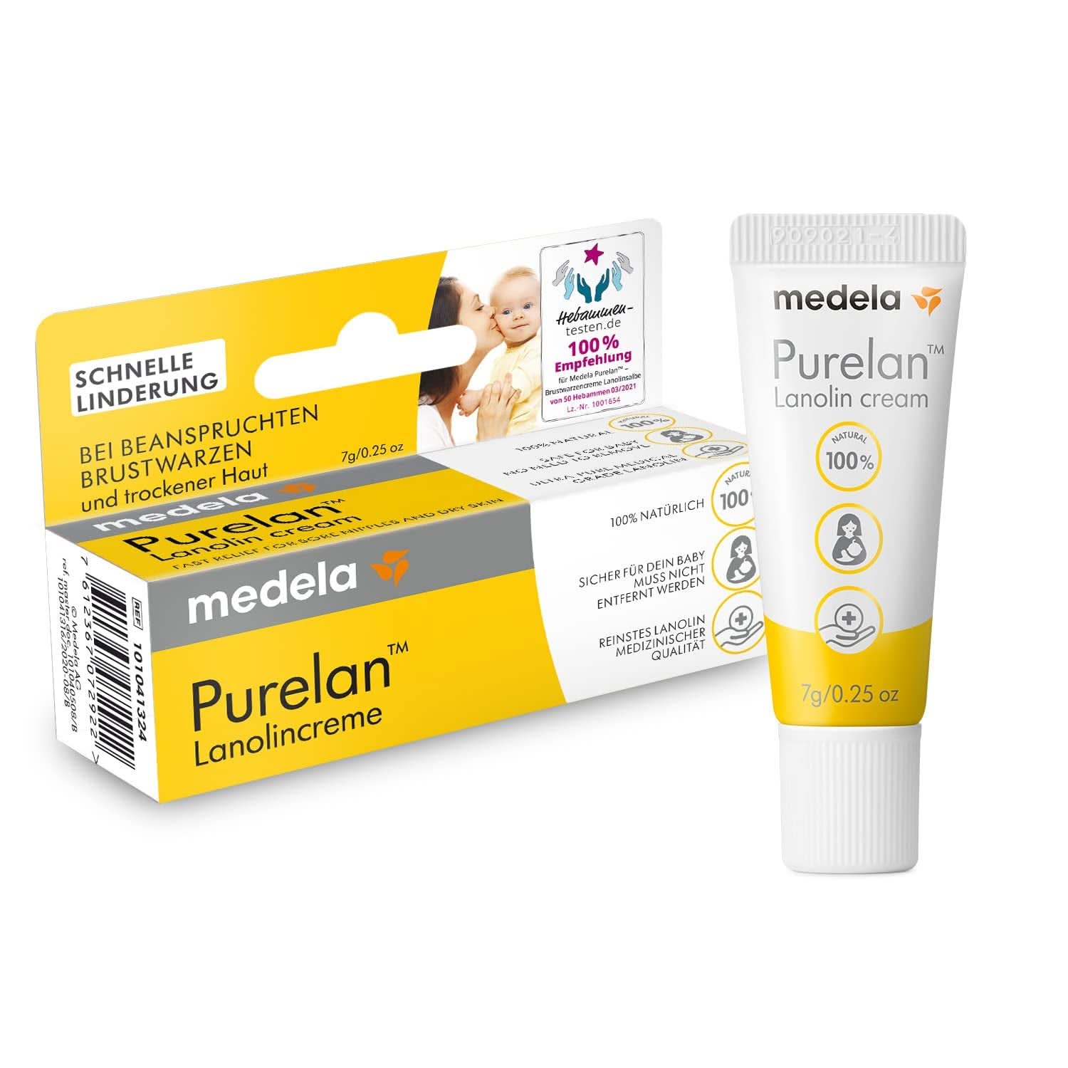 Medela Purelan 37 G Lanolincreme – Schnelle Hilfe bei beanspruchten Brustwarzen und trockener Haut – 100 % natürlich, hypoallergen, dermatologisch getestet und frei von Duftstoffen Zubehör Lebensmittel und Stillen Bebe Naty Shop Brustwarzencreme 7G
