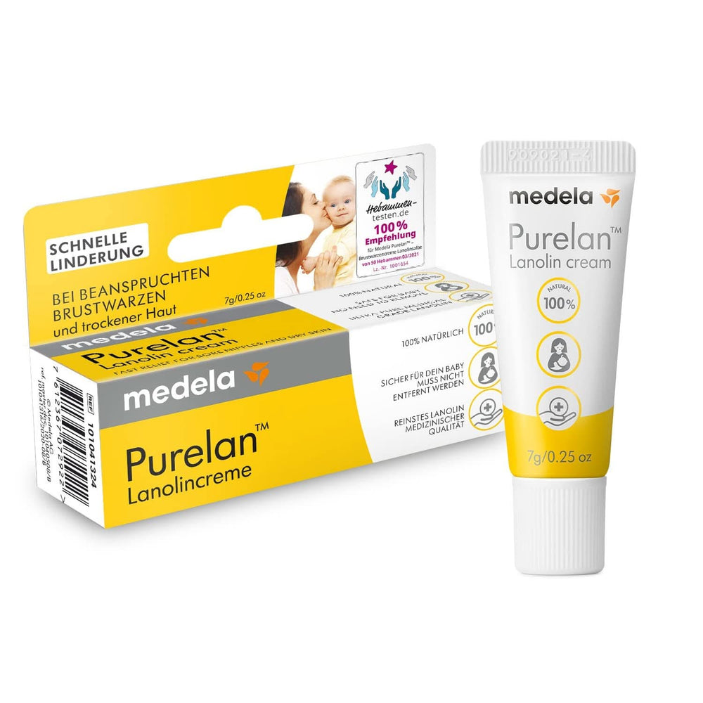 Medela Purelan 37 G Lanolincreme – Schnelle Hilfe bei beanspruchten Brustwarzen und trockener Haut – 100 % natürlich, hypoallergen, dermatologisch getestet und frei von Duftstoffen Zubehör Lebensmittel und Stillen Bebe Naty Shop Brustwarzencreme 7G
