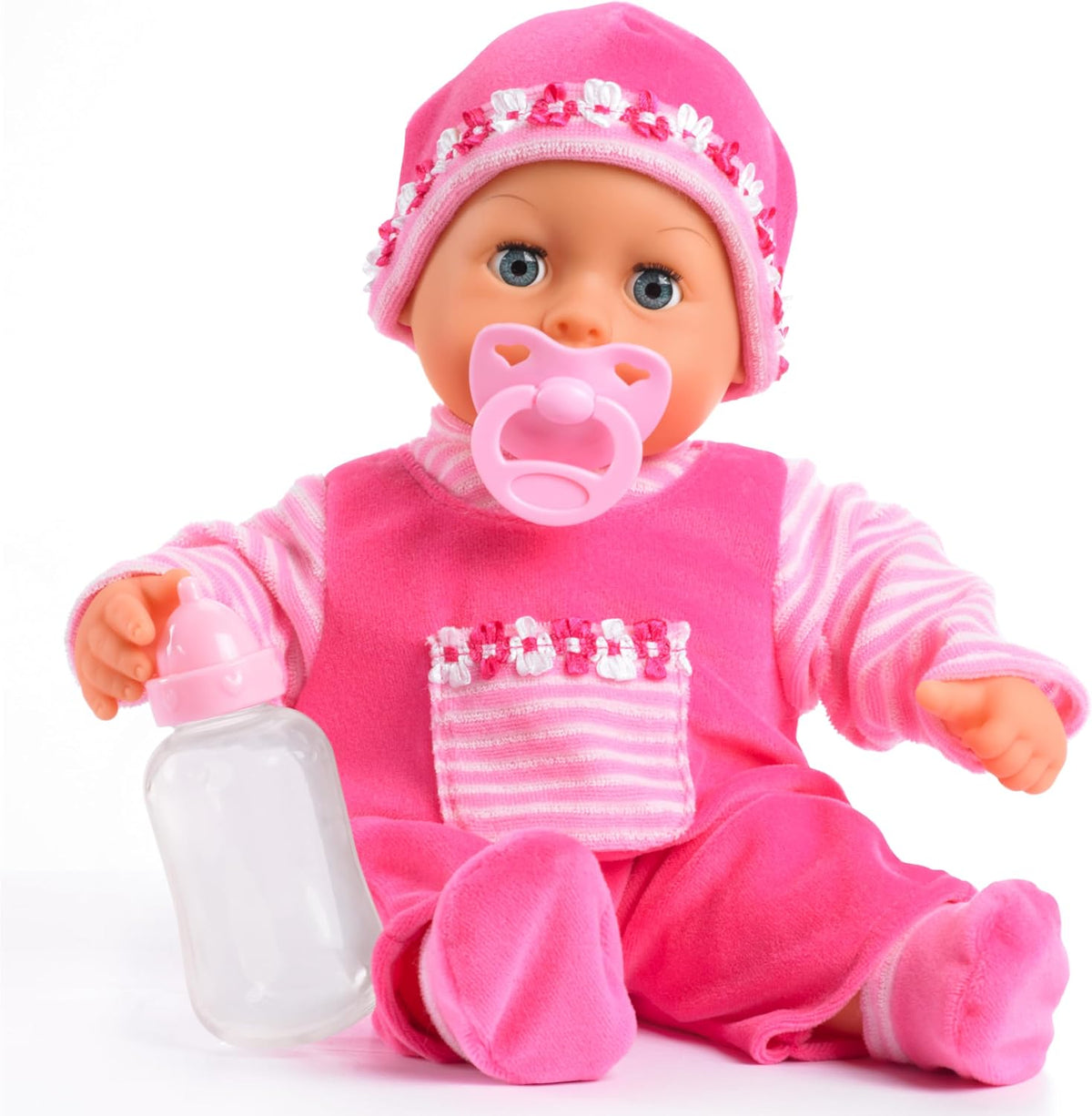 Bayer Design 93800-pink 93825AA Babypuppe First Words, Schlafaugen, spricht 24 Babylaute, weicher Körper, mit Schnuller und Flasche, 38 cm, pink