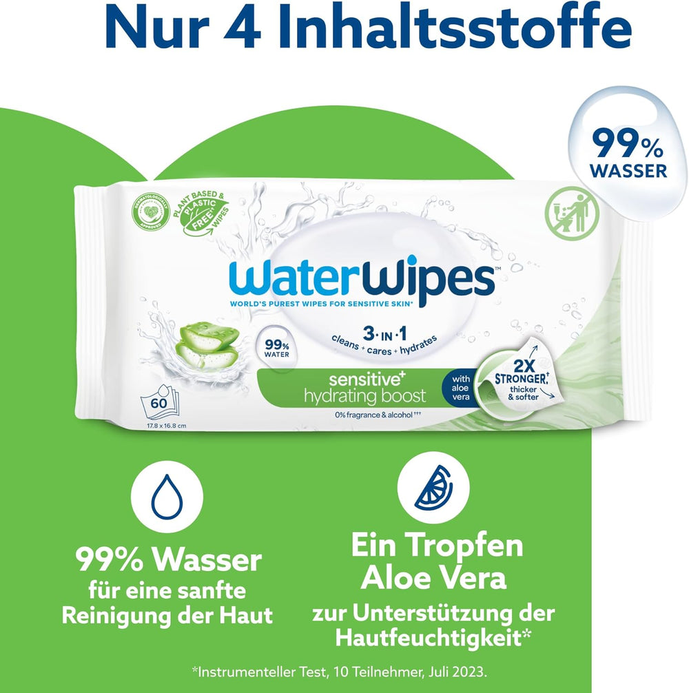 WaterWipes Sensitive+ Hydrating Boost Feuchttücher, feuchtigkeitsspendende Tücher, 360 Stück (6er-Pack), 3-in-1-Reinigung, Pflege, Hydratation, 99 % Aloe-Vera-Wasser, parfümfreie Babytücher