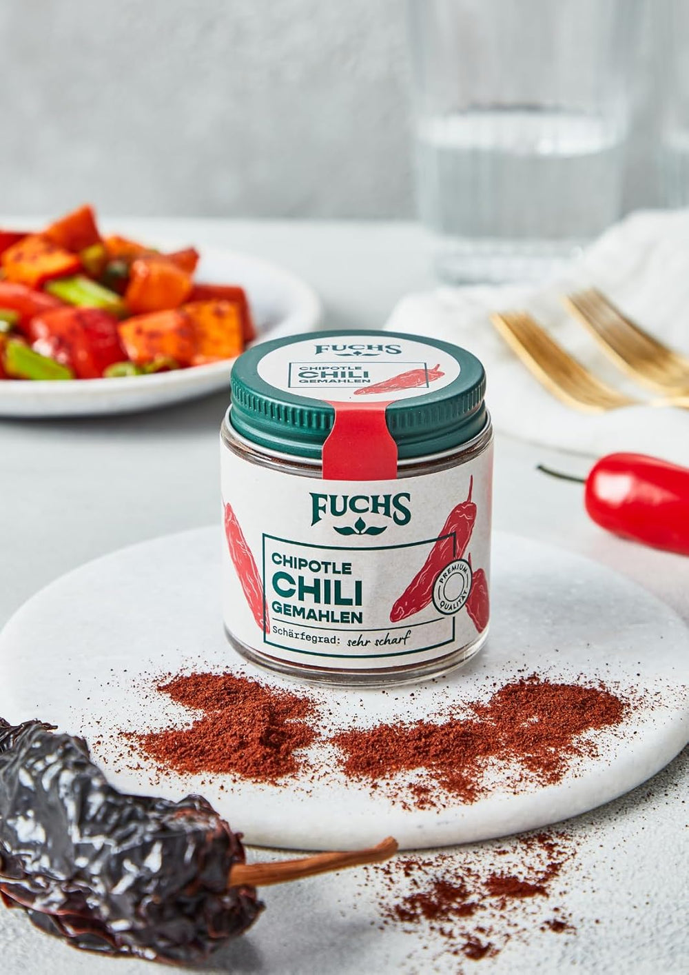 Fuchs Gewürze - Chipotle Chili gemahlen | Rauchiges Chilipulver | Chilipulver in Premiumqualität 50 g im wiederverschließbaren Gewürzglas