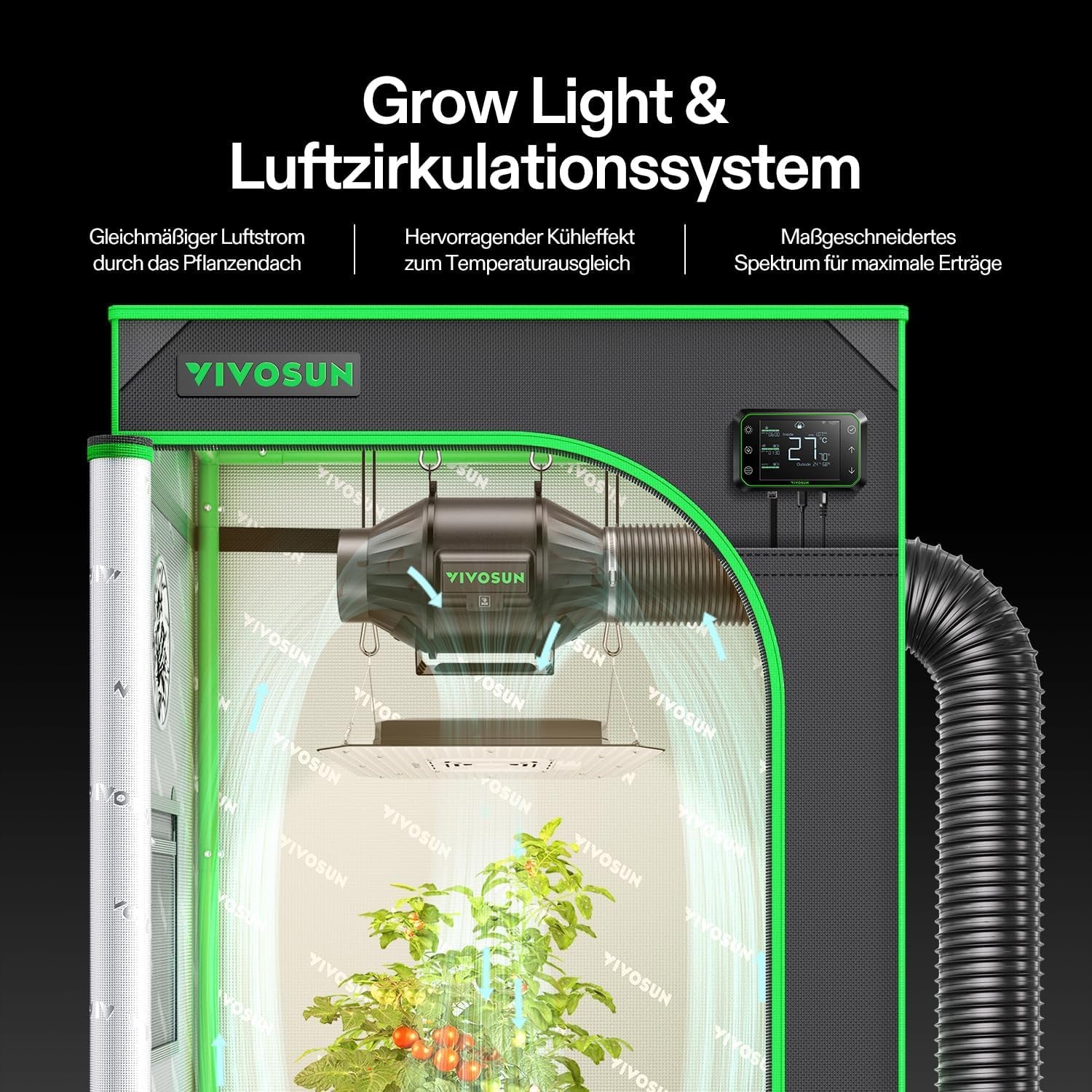 VIVOSUN Smart Grow Tent Komplettset 60 x 60 x 120 cm, integriertes automatisches WLAN-Wachstumssystem mit 100 W Vollspektrum-LED-Licht und effizientem Belüftungssystem mit GrowHub E42A+-Controller