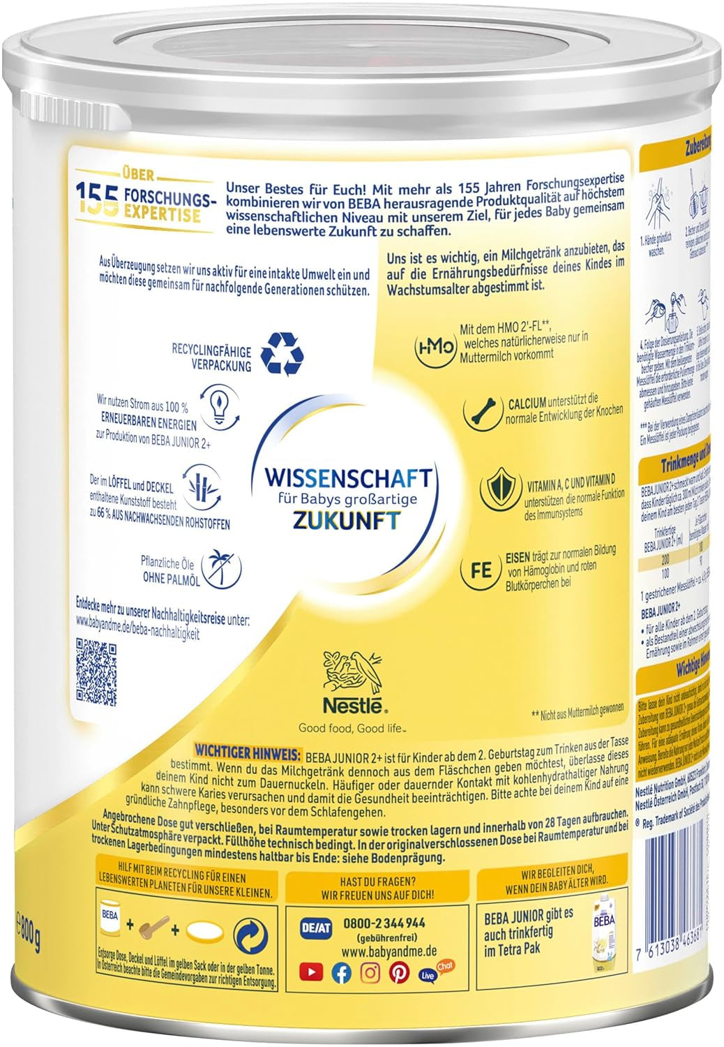 BEBA Junior 2+ Milchgetränk ab 2 Jahren, Mit HMO, Altersgerechter Proteingehalt, Nur Laktose, Ohne Palmöl, Ohne Fischöl, Kleinkindnahrung, Babymilchpulver, 3er Pack (3 x 800g)