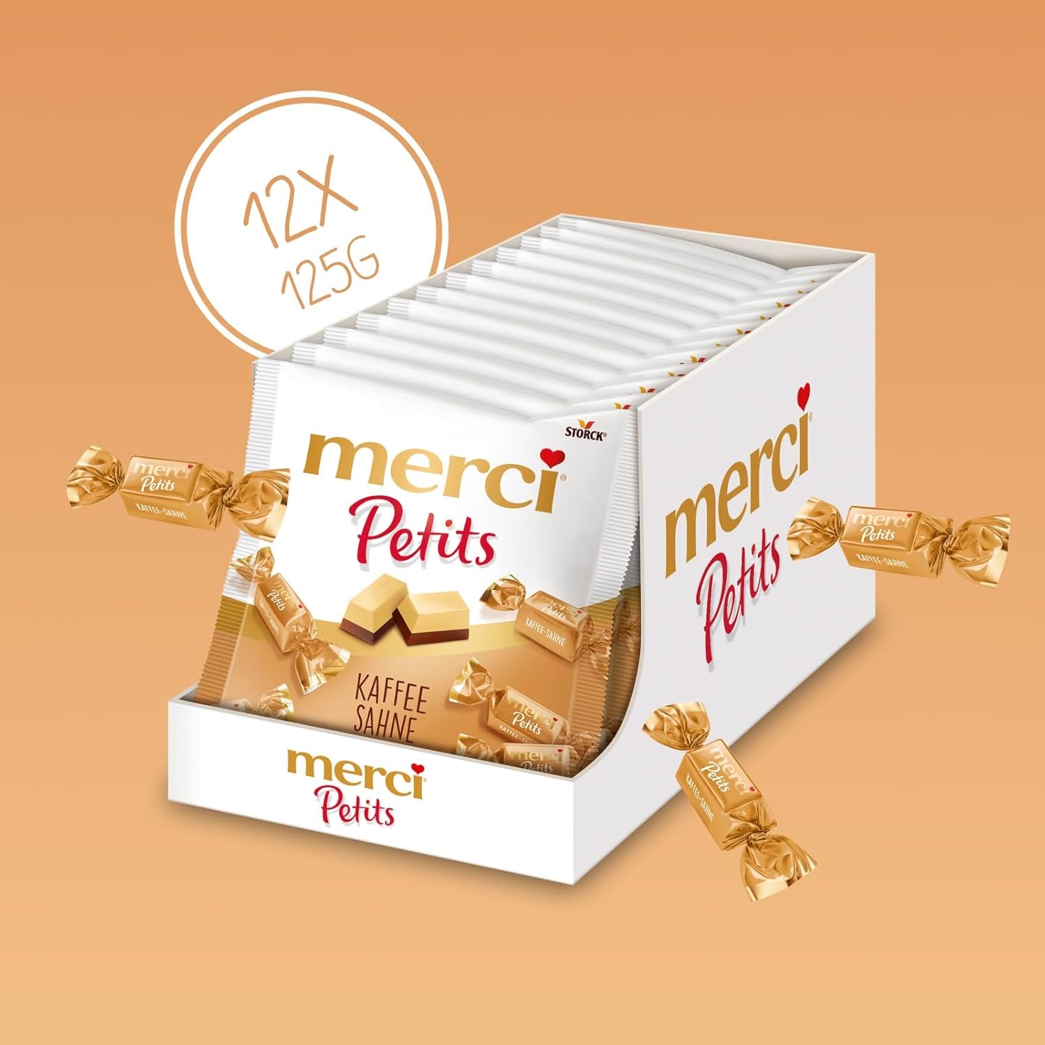 Merci Petits Kaffeecreme – 12 x 125 g – kleine weiße Schokoladenpralinen auf feiner Schokolade mit Kaffeecreme – einzeln verpackte Schokoladenpralinen