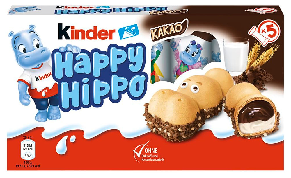 Kinder Happy Hippo Haselnuss – Knusprige Spezialwaffeln mit Milch und Haselnusscreme – Karnevals- und Faschingssüßigkeiten – 1 Packung mit 5 einzelnen Riegeln à 20,7 g