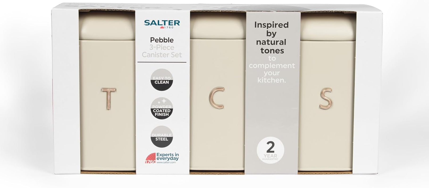 Set de recipiente SALTER BW13729EU7 Pebble pentru ceai, cafea și zahăr – Recipiente de depozitare pentru blaturi, recipiente pentru blaturi de bucătărie, recipiente cu marcaj din oțel carbon