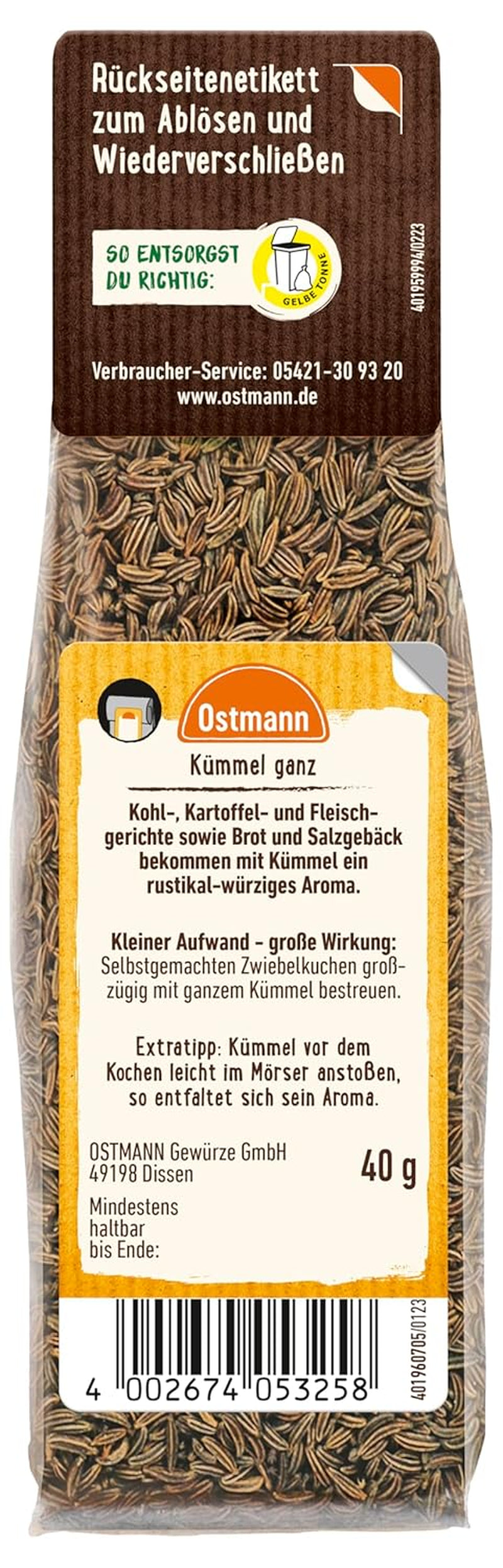 Ostmann Gewürze - Kümmel ganz | Zum Würzen von Brot und Gebäck | Zum Nachfüllen der Streudose | 40 g im Beutel