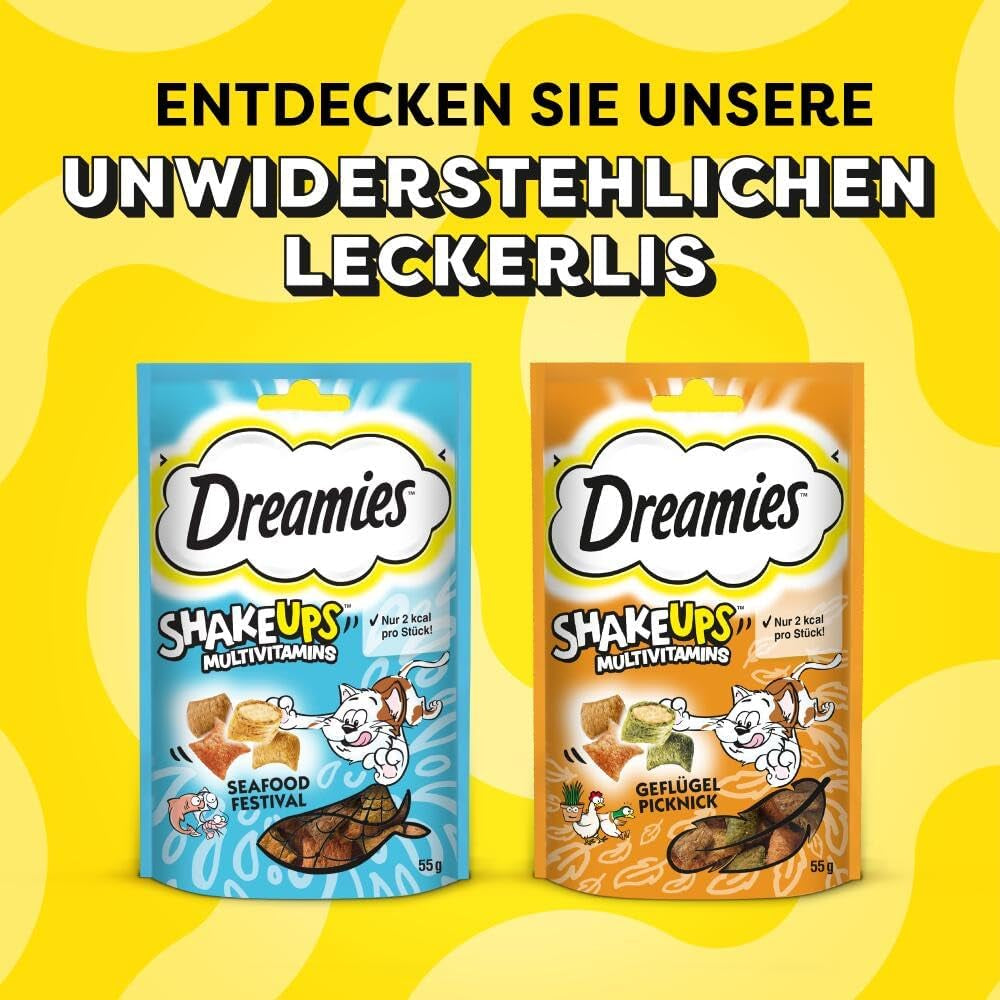 DREAMIES SHAKE UPS Multivitamine Seafood Festival, recompense pentru pisici în pliculețe porționate - 55g (6 pliculețe)