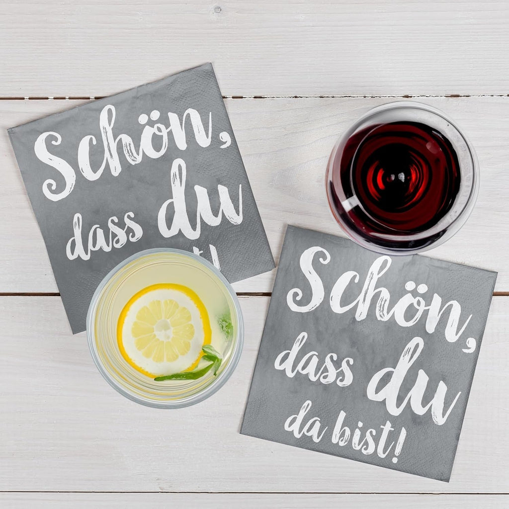 Șervețele de cocktail HEKU 'Schön Dass Du Da Bist', 3 straturi, 25X25Cm, 150 bucăți I Design elegant I Ideal pentru sărbători I Practic ambalate