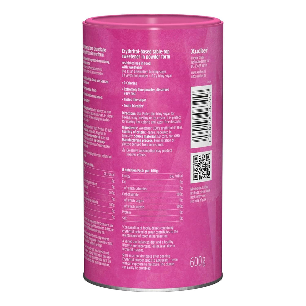 Xucker Puderzucker Erythrit – Kalorienfreier Zuckerersatz, 600 Gramm Süßstoffe Naty Shop