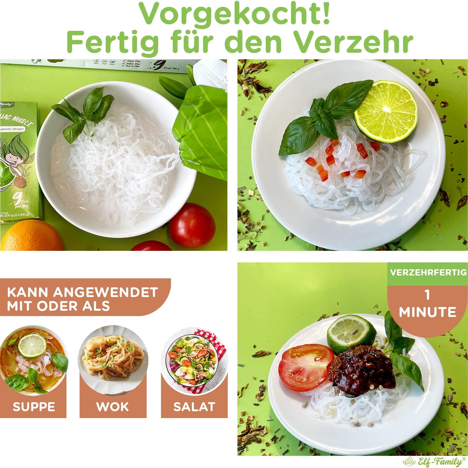 Elf-Family 6 Boxen (12 Stück) Bio-Konjak-Shirataki-Nudeln mit extrem niedrigem Kohlenhydratgehalt, vegan, glutenfrei – 1,62 kg, ohne Kohlenhydrate/Keto/kalorienarm/fettfrei/zuckerfrei, Instant-Nudeln – Spaghetti und Fettuccine