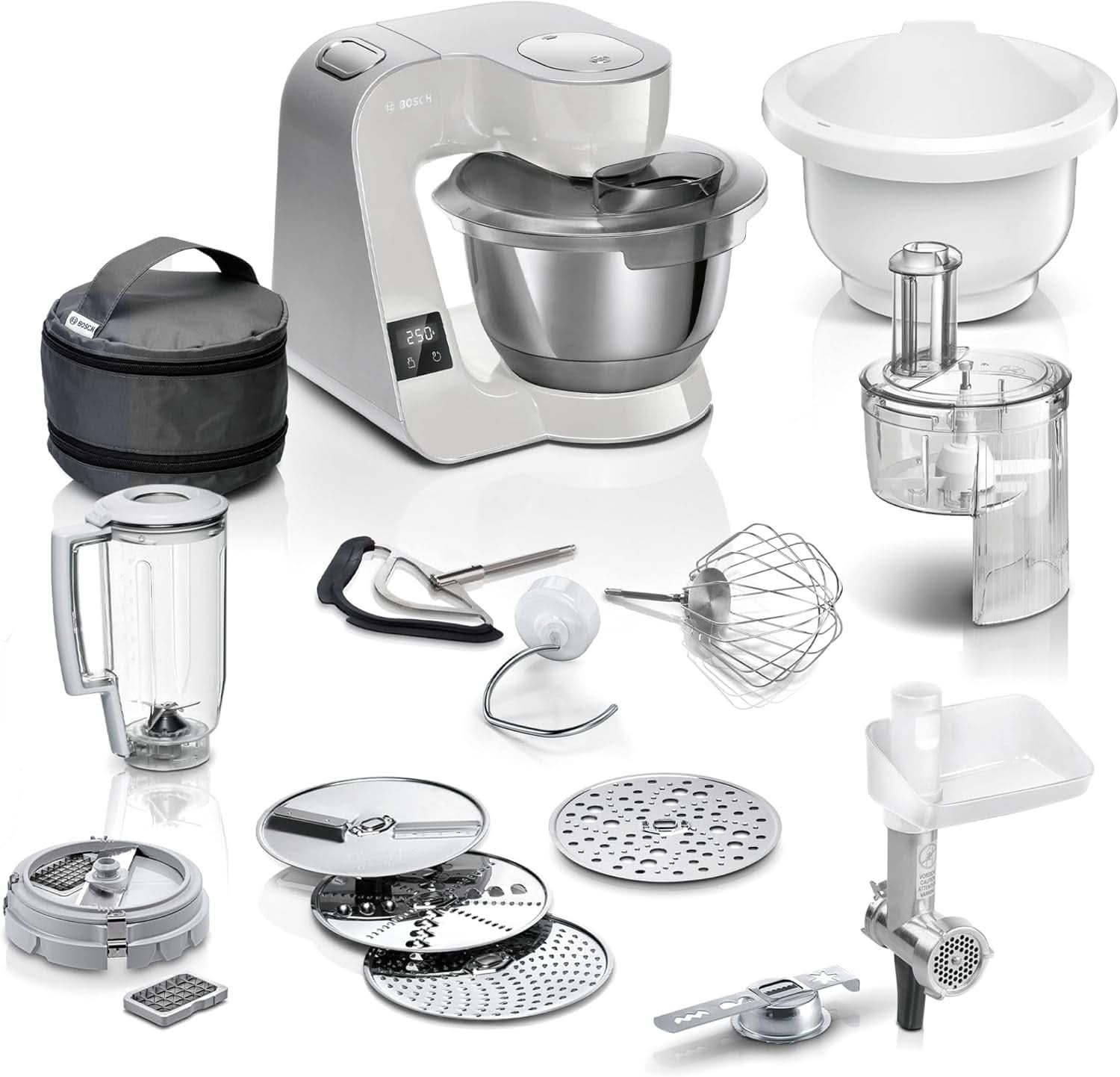 Küchenmaschine Bosch Serie 4 MUM5X720, integrierte Waage, Edelstahlschüssel 3,9 l, Mixer 1,25 l, 1000 W Zubehör Essen und Stillen Baby Naty Shop Single Silver Grey 6 Zubehörteile
