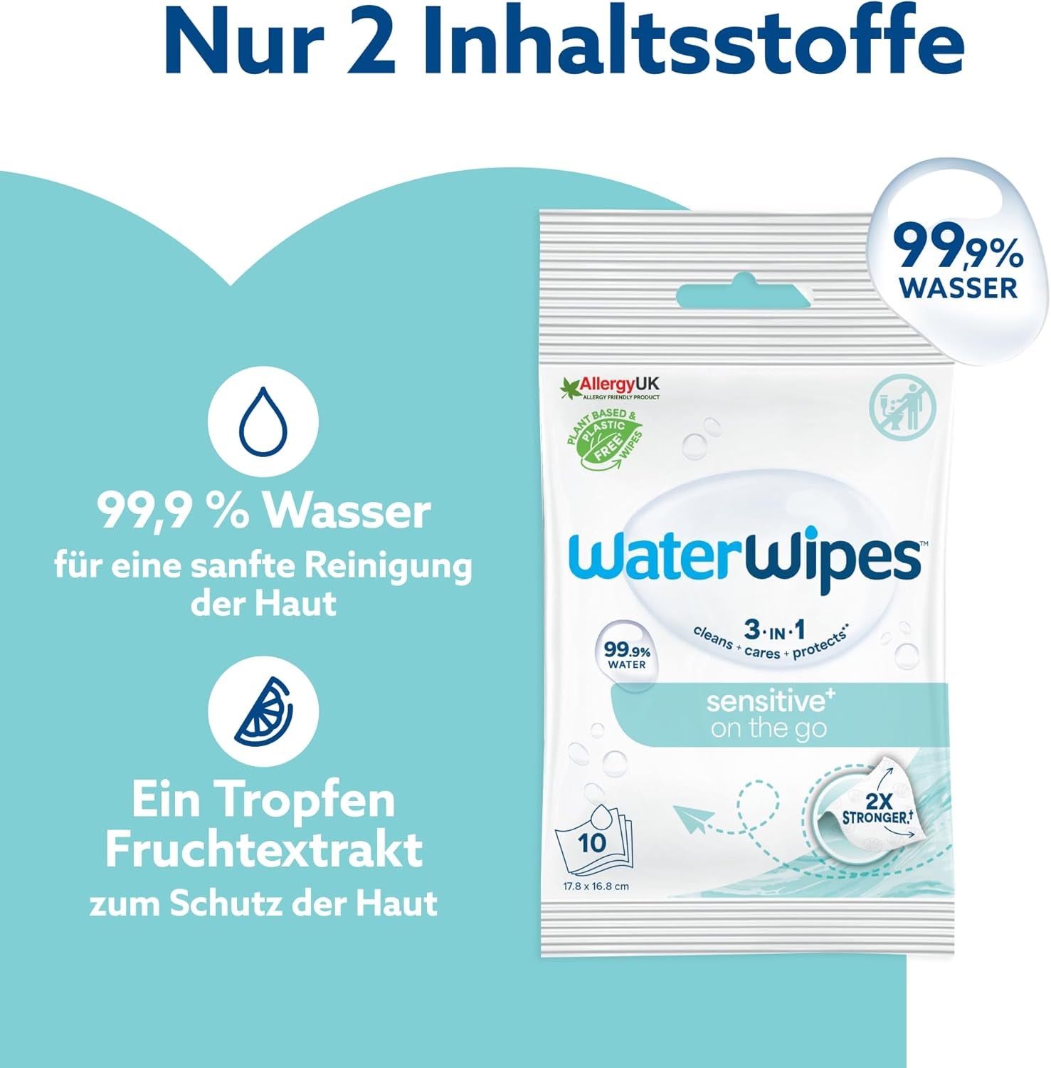 WaterWipes Sensitive+ Feuchttücher für unterwegs, 100 Tücher (10er-Pack), 3-in-1 reinigt, pflegt, schützt, 99,9 % Wasser, parfümfreie Tücher