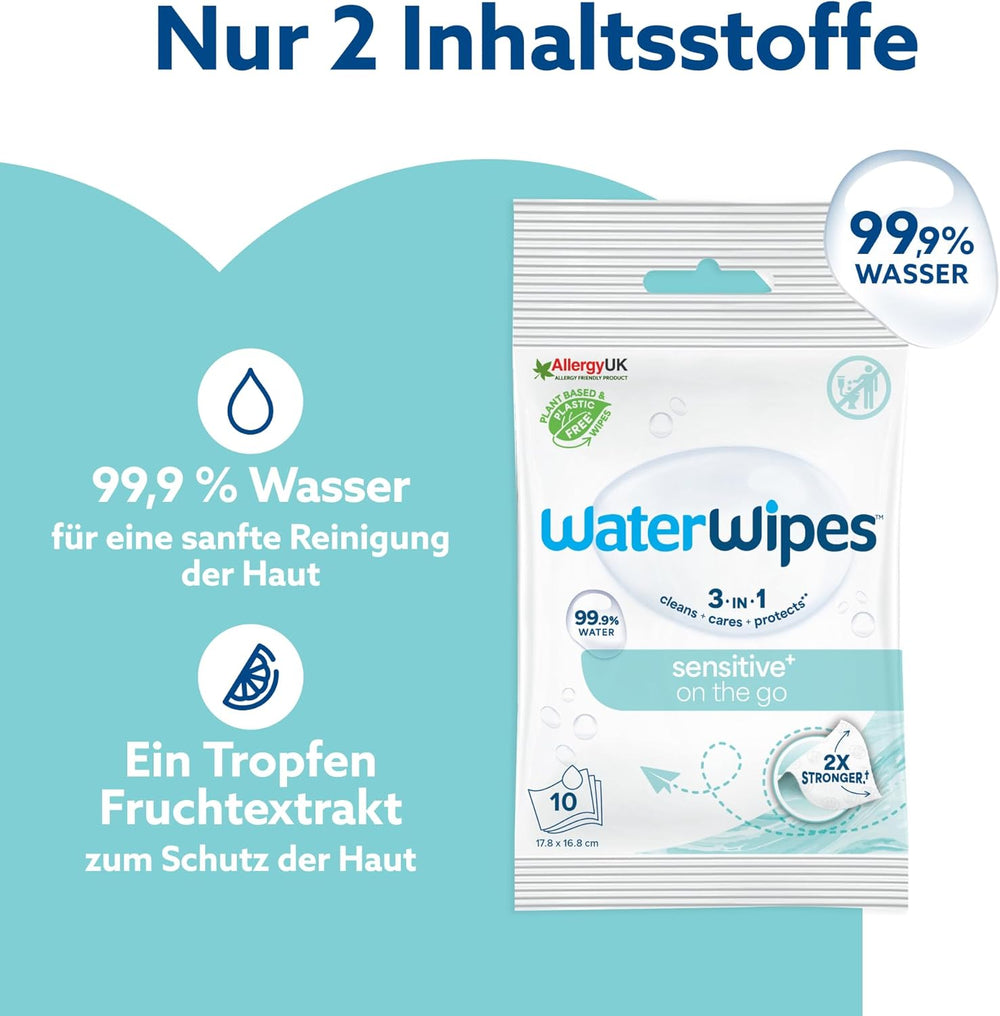 WaterWipes Sensitive+ Feuchttücher für unterwegs, 100 Tücher (10er-Pack), 3-in-1 reinigt, pflegt, schützt, 99,9 % Wasser, parfümfreie Tücher