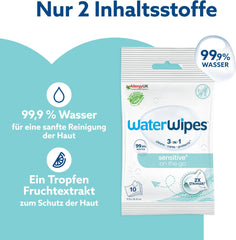 WaterWipes Sensitive+ Feuchttücher für unterwegs, 100 Tücher (10er-Pack), 3-in-1 reinigt, pflegt, schützt, 99,9 % Wasser, parfümfreie Tücher