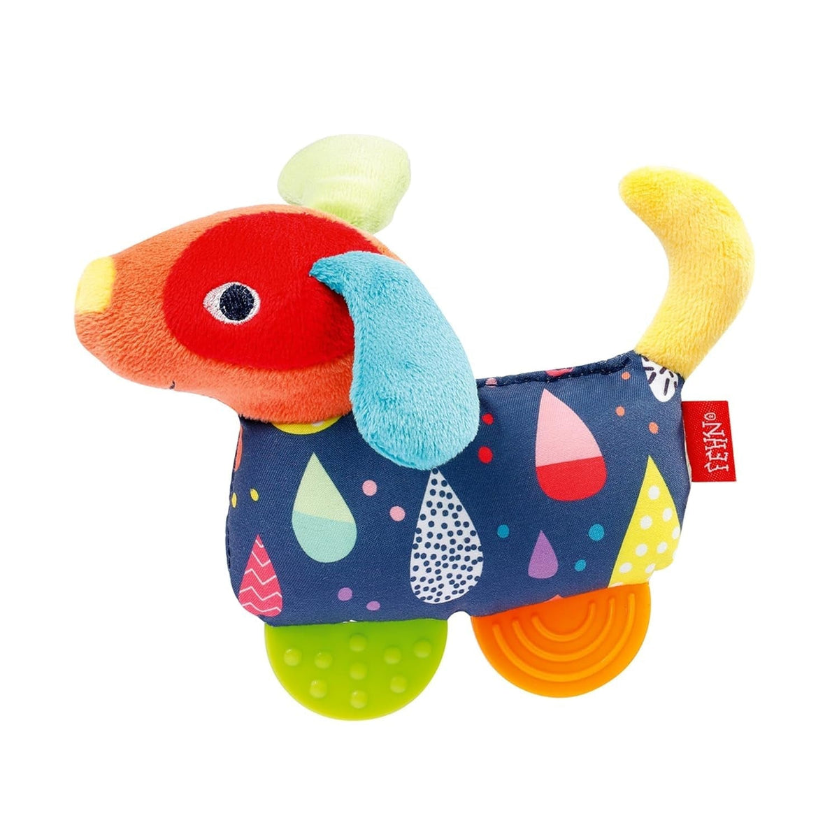 Fehn 055283 Jucărie de prindere câine cu teether COLOR Friends - Jucărie pentru copii cu clopoțel, squeaker și teether moale pentru bebeluși și copii mici de la 0+ luni - Dimensiune: 16 cm Jucarii Bebe Naty Shop Câine