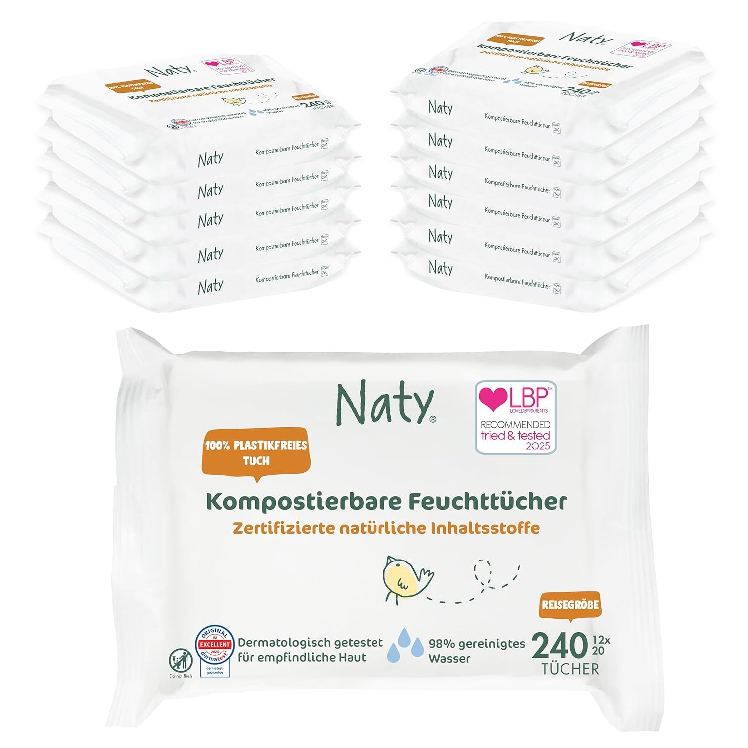 Naty Babytücher | 100 % frei von Kräutern und Duftstoffen für empfindliche Haut | Plastikfreie und zertifiziert kompostierbare Tücher mit 98 % gereinigtem Wasser | 672 Tücher (12 Packungen)