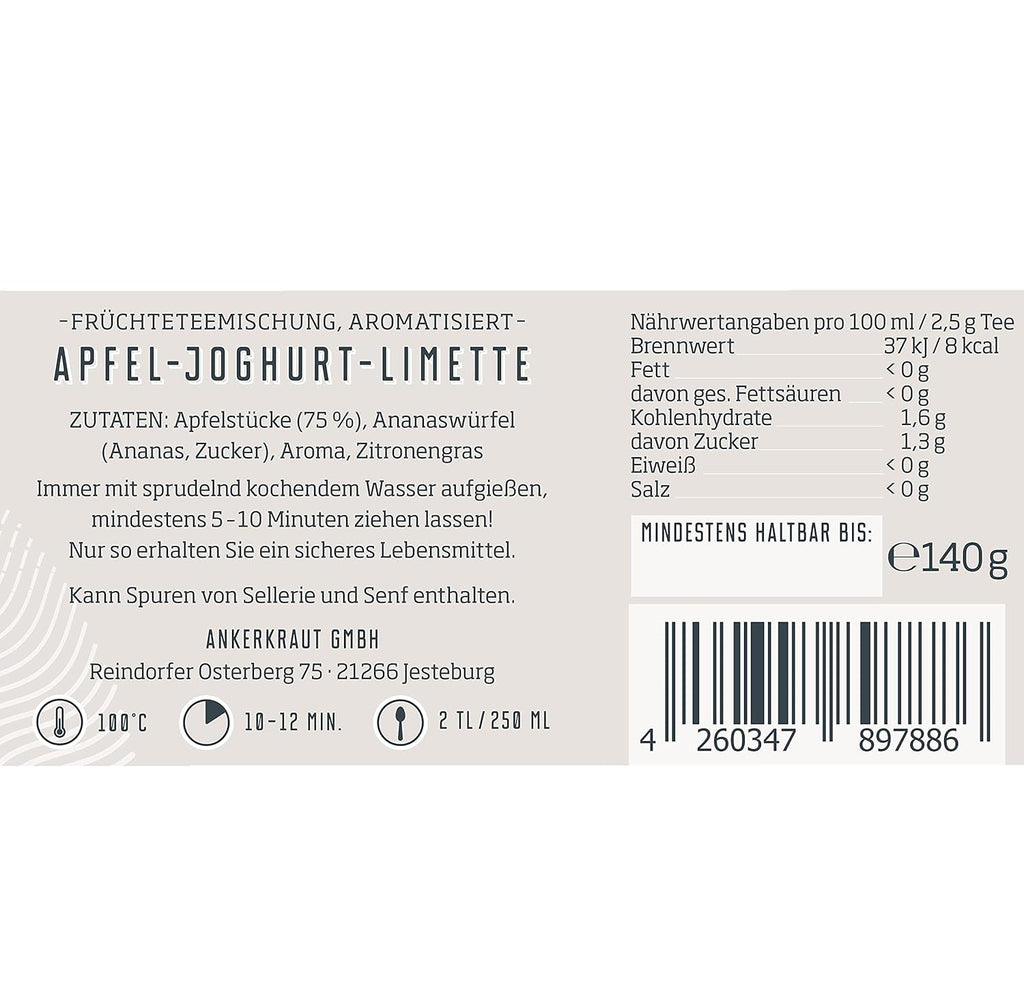 Ankerkraut Ceai de fructe cu aromă de mere, iaurt și lămâie verde, ceai de fructe vrac, 140 g în borcan de plută