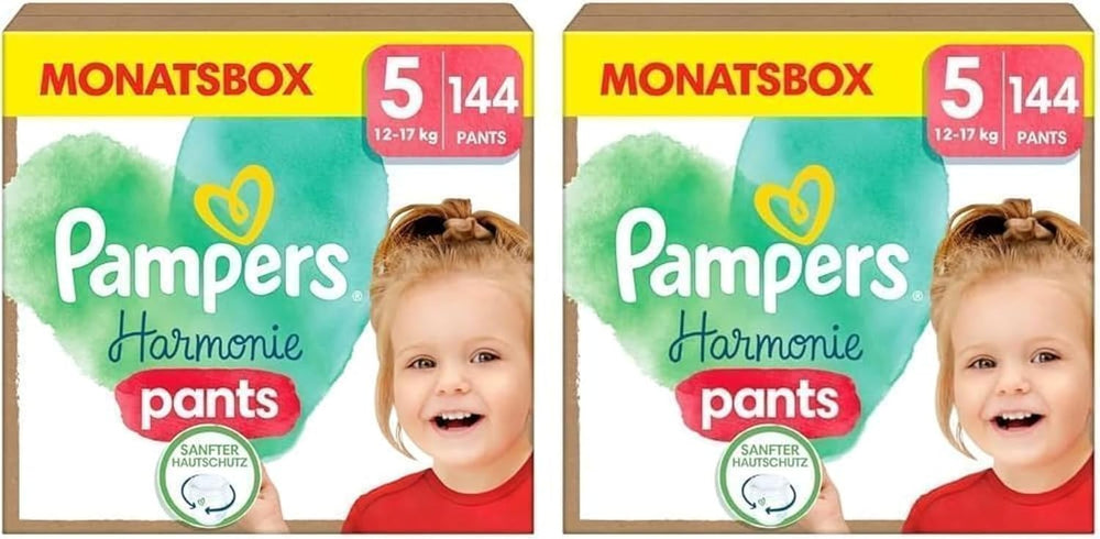 Pampers Harmony Pants Windeln der Größe 5, 144 Stück, 12 kg-17 kg, sanfter Hautschutz und 360°-Komfort
