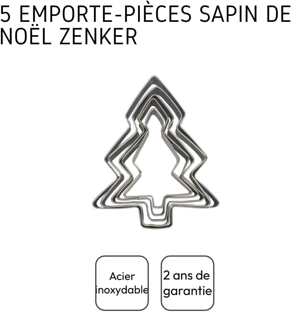 Zenker 44814 Set de 5 forme de biscuiți pentru brad de Crăciun, forme pentru brad de Crăciun, formă de biscuiți, oțel inoxidabil, argintiu, 11 x 9,5 cm