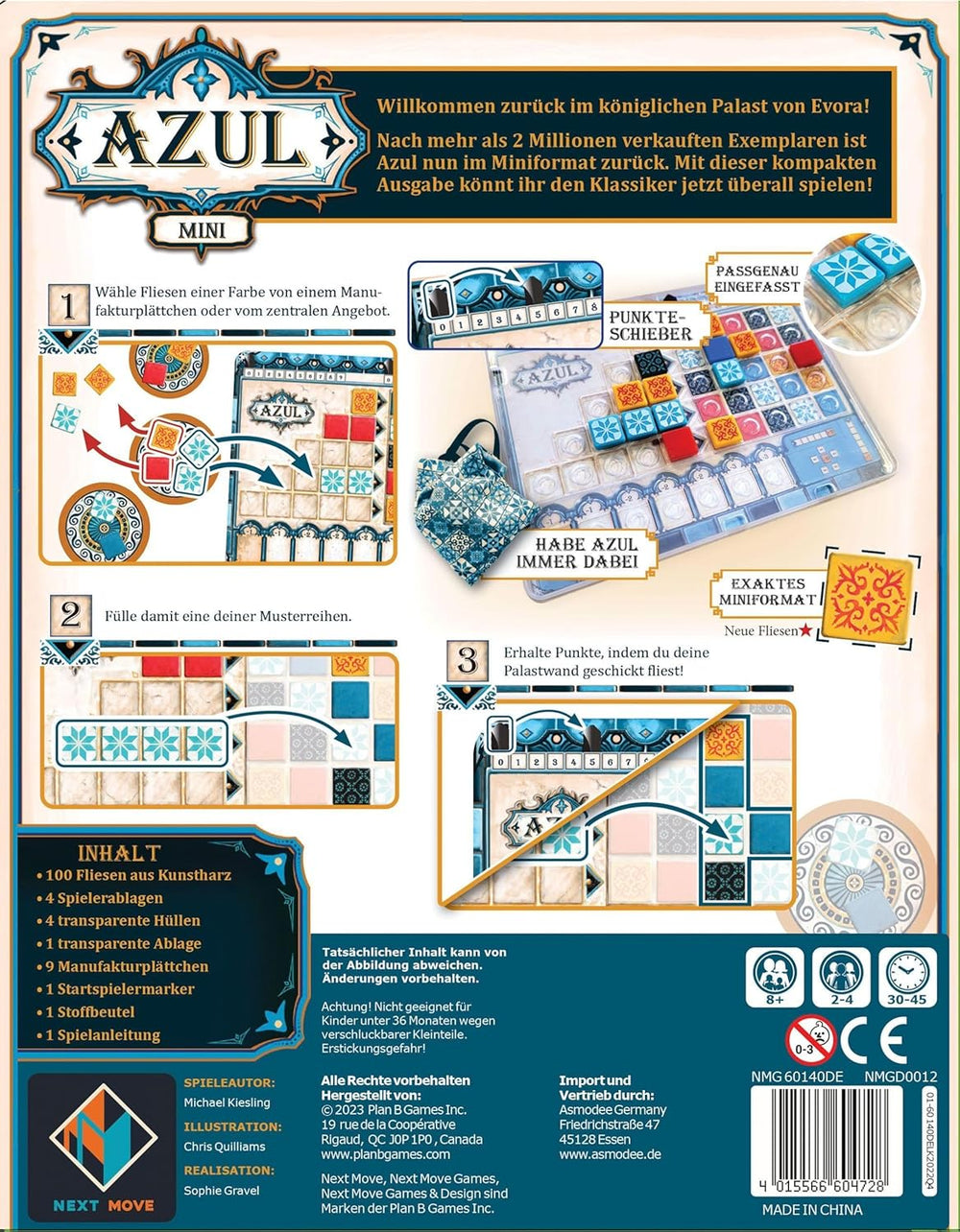 Next Move Games, Azul Mini, Familienspiel, Brettspiel, 2-4 Spieler, ab 8 Jahren, 30-45 Minuten, deutsch