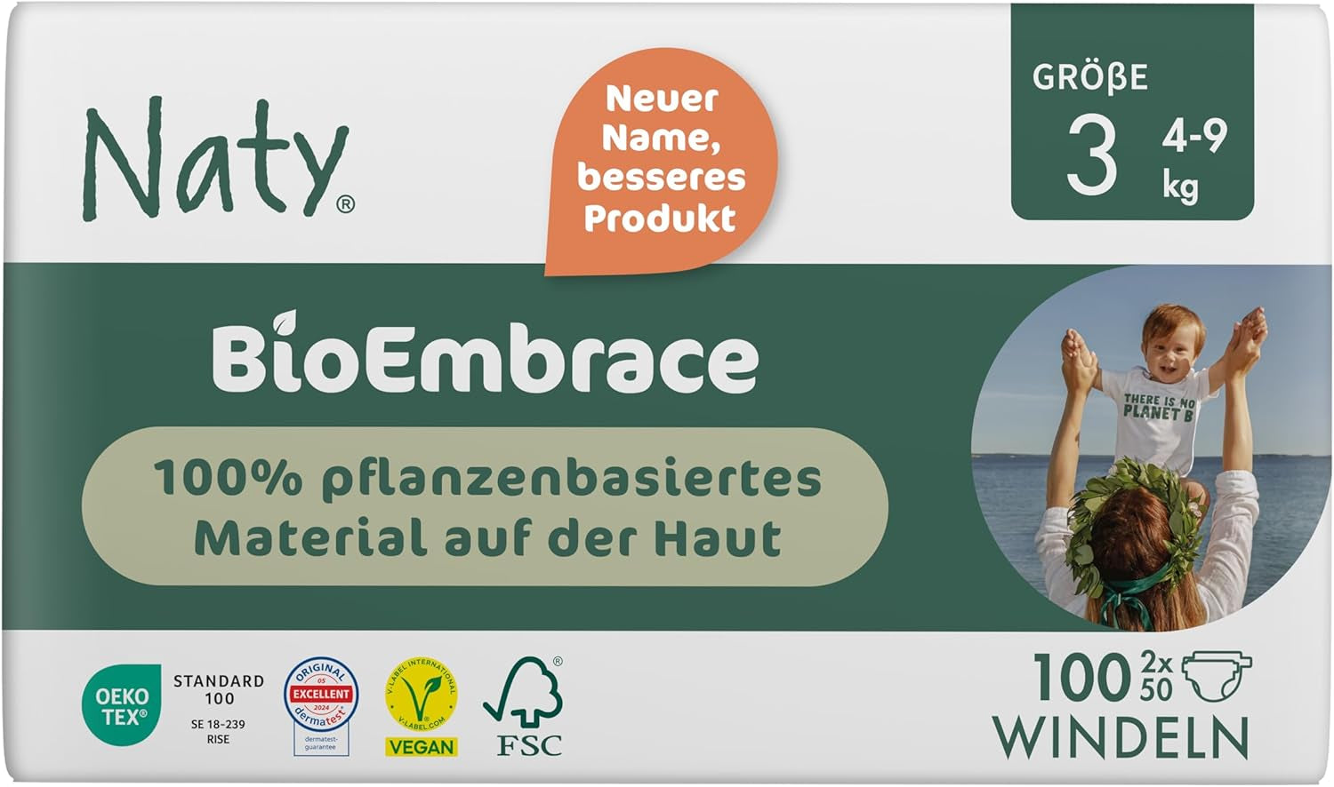 Naty BioEmbrace Babywindeln, Größe 3 (4–9 kg) | 100 % pflanzliche Materialien, sanft zur Haut | Atmungsaktive Weichheit, dermatologisch getestet, hervorragende Absorption | 100 Stk.