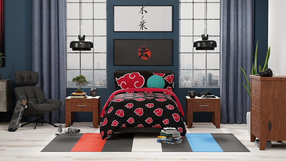 Franco Naruto Anime Akatsuki-Muster, weiche Mikrofaser-Bettwäsche, Bettdecke, Queen-Size-Bett, (offizielles Naruto-Produkt). Bettdecken und Steppdecken von Naty Shop