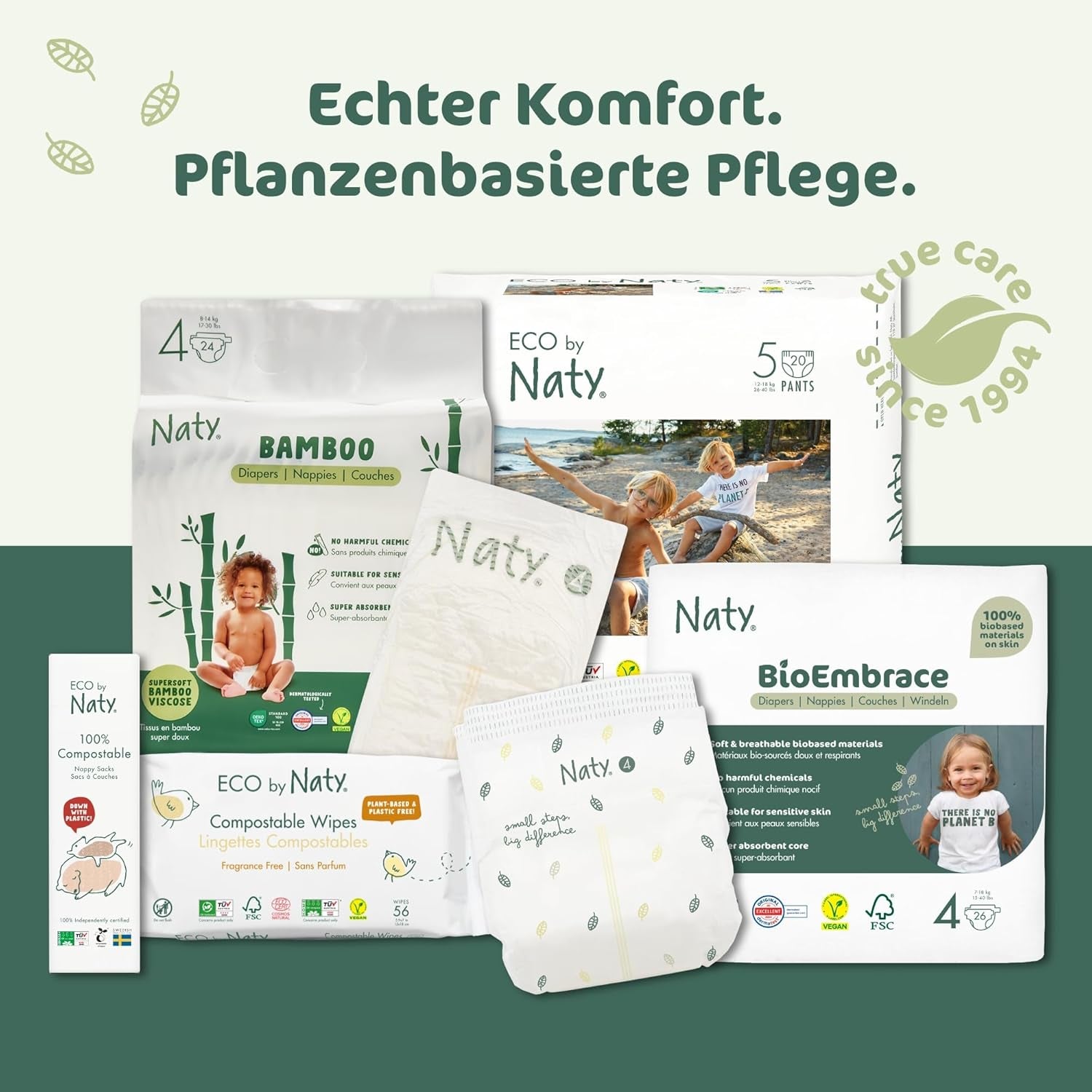 Naty BioEmbrace Babywindeln, Größe 3 (4–9 kg) | 100 % pflanzliche Materialien, sanft zur Haut | Atmungsaktive Weichheit, dermatologisch getestet, hervorragende Absorption | 100 Stk.