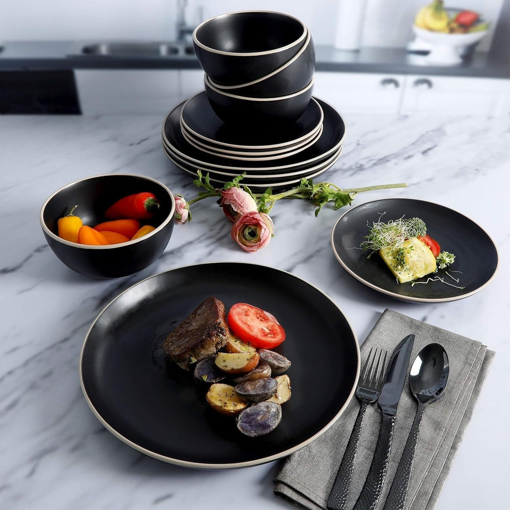 Rockaway Geschirrsets Aus Steinzeug, Rund, Für 4 Personen (12 Stück), Schwarz Dinnerware sets Naty Shop
