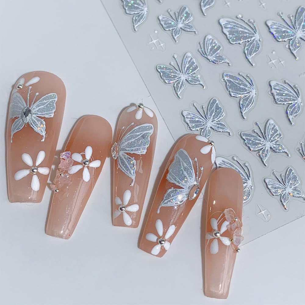 Aurora Muschel Schmetterling Nagelsticker Weiß Schmetterlinge Nail Sticker Gelee Relief Butterfly Nagelaufkleber Y2K Butterflies Nagel Sticker Nägel Nageldesign Nagel Zubehör Nail Art Stickers Nailart