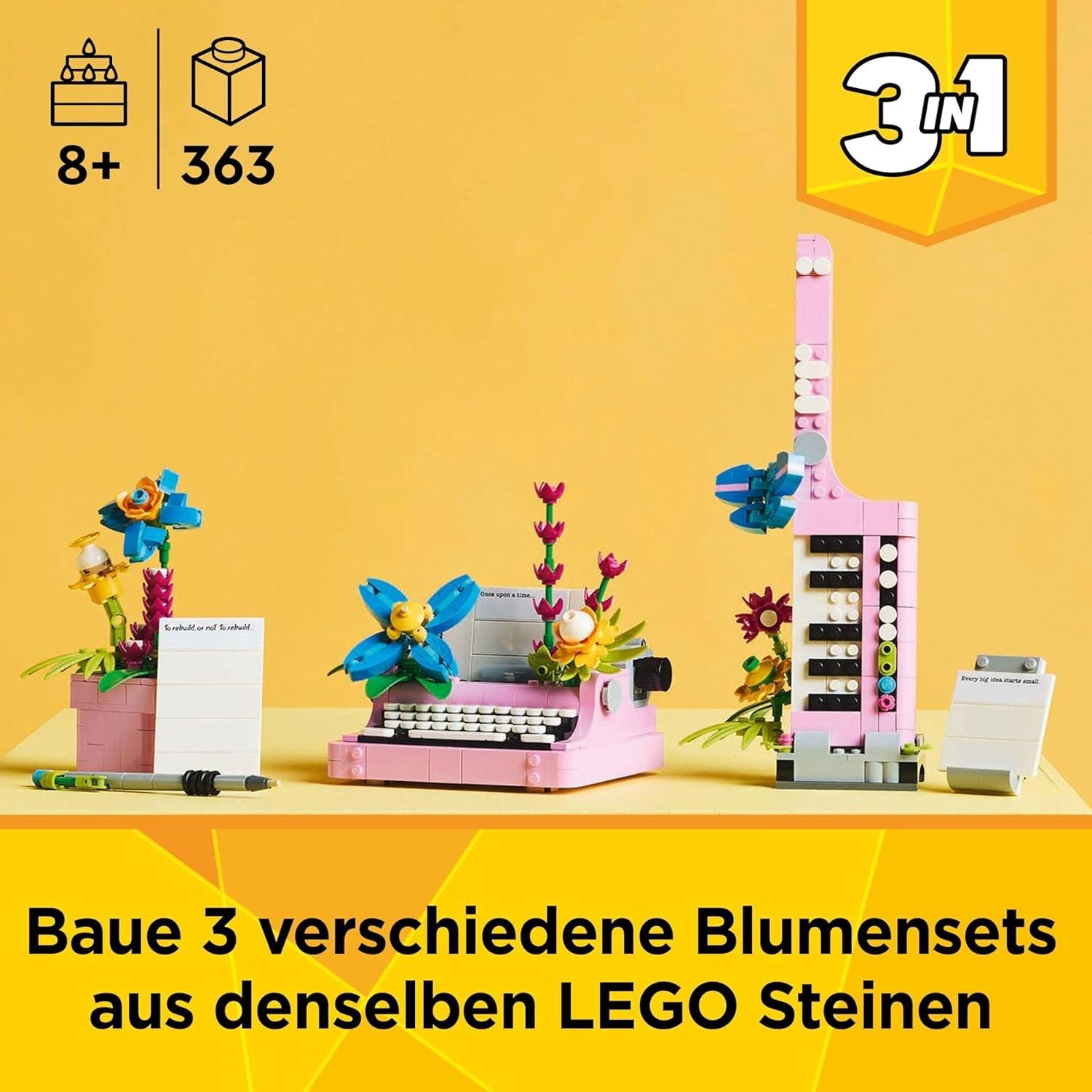 LEGO Creator 3In1 Schreibmaschine mit Blumen – umwandelbares Spielzeug in ein Keytar-Modell oder in einen Blumentopf mit Notizbuch und Stift – Bauset – Geschenk für Mädchen und Jungen ab 8 Jahren 31169 Bausets Besuchen Sie den LEGO-Store