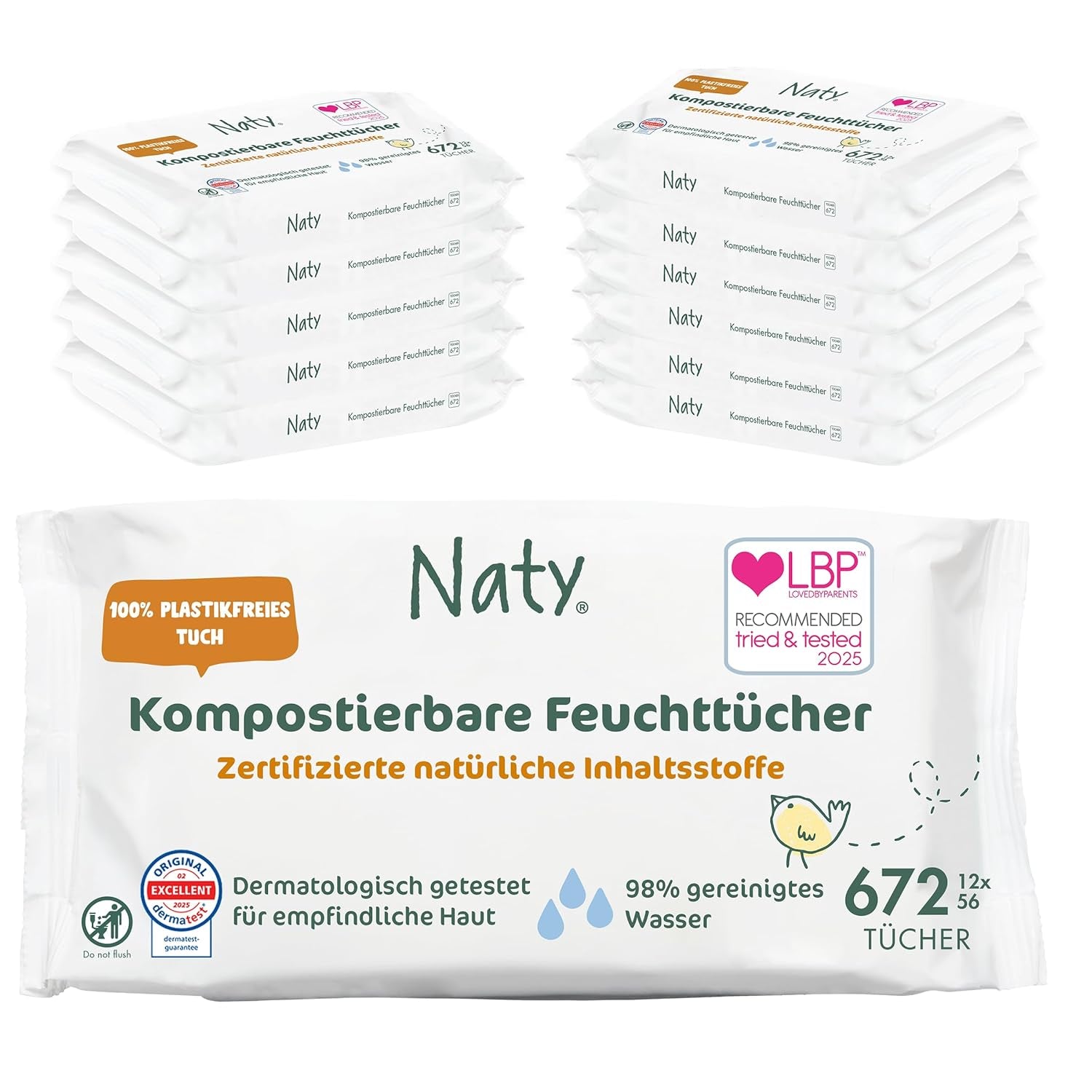 Naty Babytücher | 100 % frei von Kräutern und Duftstoffen für empfindliche Haut | Plastikfreie und zertifiziert kompostierbare Tücher mit 98 % gereinigtem Wasser | 672 Tücher (12 Packungen)