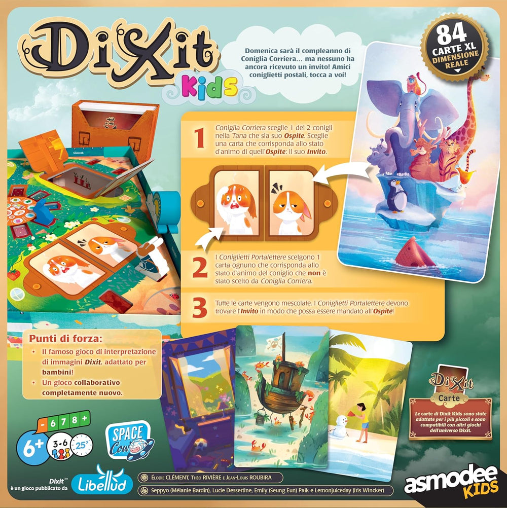 Asmodee Kids – Dixit Kids, Brettspiel für Fantasie und Fantasie für Kinder und die ganze Familie, illustrierte Spielkarten, 3-6 Spieler, ab 6 Jahren, 25 Min., italienische Ausgabe
