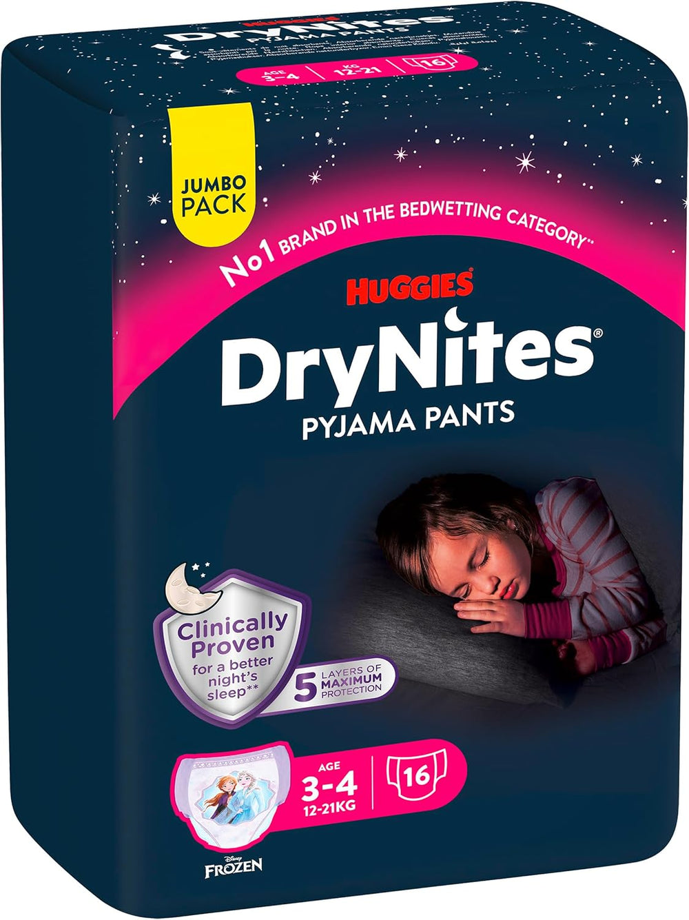 Huggies DryNites Super saugfähige Nachtwindeln für Mädchen von 3–4 Jahren (12–21 kg), 4 x 16 Stück (insgesamt 64 Stück), monatliche Höschenpackung