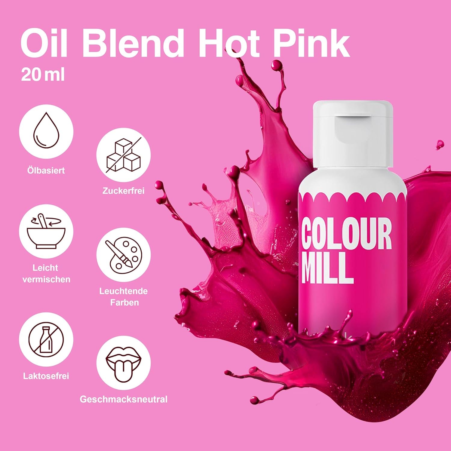 Set coloranți alimentari lichizi Colour Mill – 5 x 20 ml pe bază de ulei (negru, roz aprins, violet, roșu și albastru) – rezistenți la UV – perfecți pentru copt și ca accesoriu pentru torturi, brioșe și decorațiuni de torturi