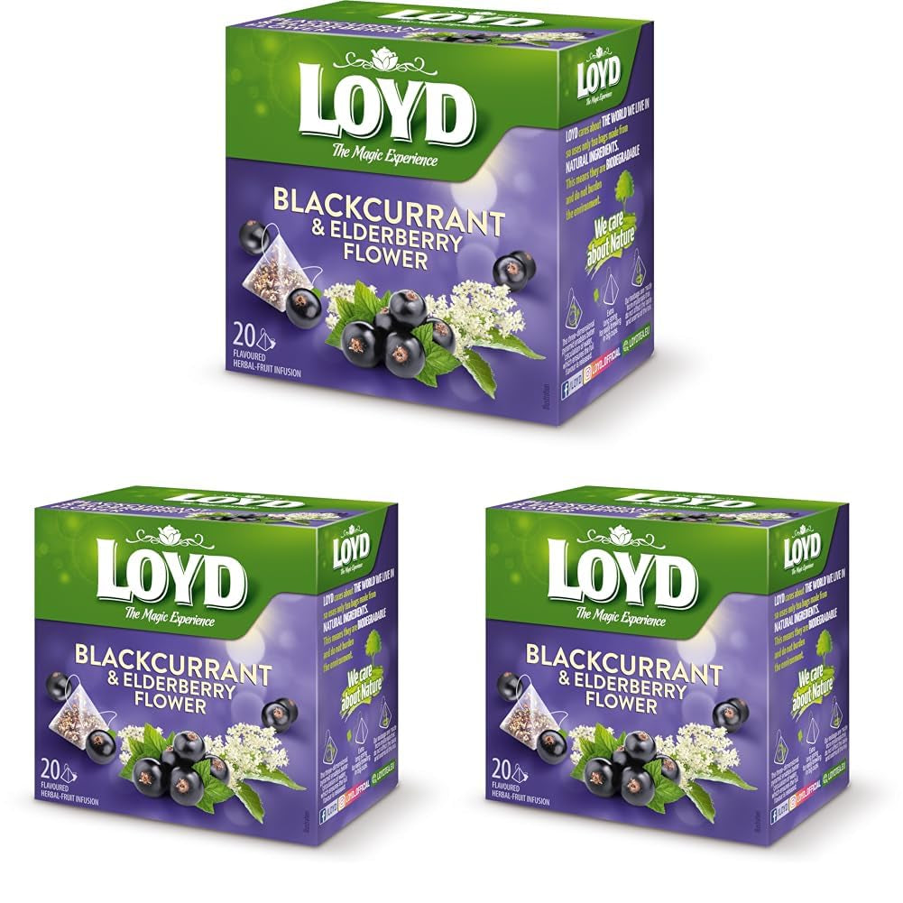 LOYD - Ceai de fructe cu coacăze negre și fructe de soc - 20 pliculețe piramidale - Amestec de flori de soc, frunze de mure cu suc de coacăze negre - Gust dulce și intens - 40 g