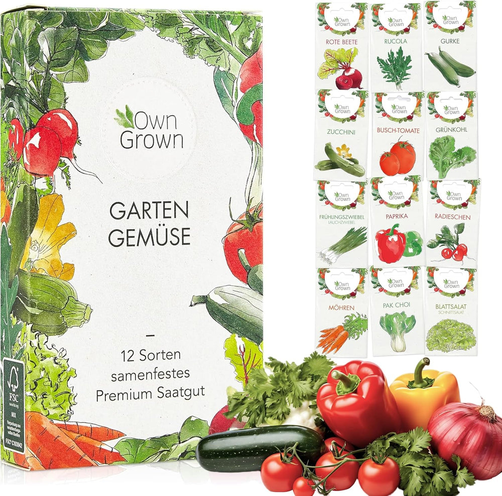 OwnGrown Gemüsesamen-Set – 12 Pflanzensamen-Sorten für Hochbeet und Garten – Praktische Box mit Gemüsesamen für den Anbau Frischer Ernte zu Hause – Ideal für Gartenliebhaber