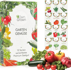 OwnGrown Gemüsesamen-Set – 12 Pflanzensamen-Sorten für Hochbeet und Garten – Praktische Box mit Gemüsesamen für den Anbau Frischer Ernte zu Hause – Ideal für Gartenliebhaber