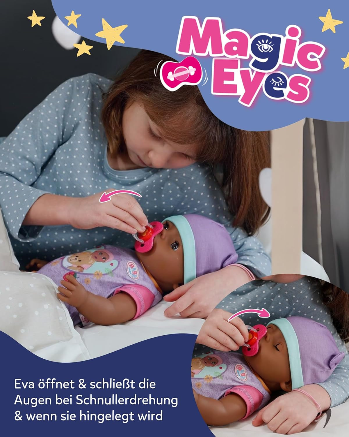 BABY Born Eva - păpușă bebeluș 43 cm - 10 funcții, inclusiv accesorii și saltea - Funcționează complet fără baterii - Potrivită pentru copii cu vârsta de 3 ani și peste