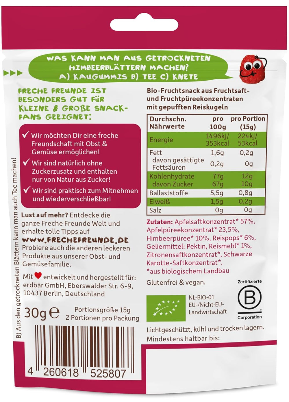 FRECHE FREUNDE Bio-Fruchtgelees, Apfel-, Himbeer- und Reislutscher, fruchtig süßer Snack für Kinder, glutenfrei, vegan, 20er Pack (20 x 30 g)
