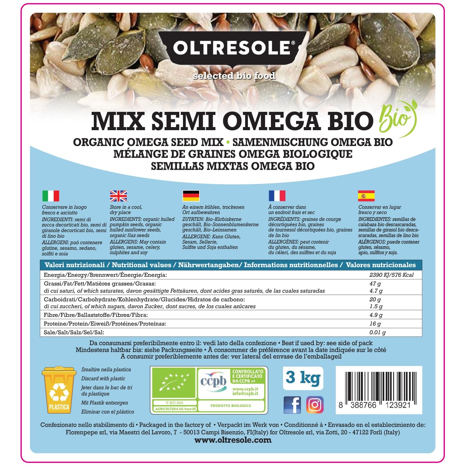 Bio-Omega-Samenmischung 3 kg (Mischung aus Kürbis-, Sonnenblumen- und Leinsamen), eine Mischung aus 3 ganzen rohen Ölsaaten, reich an Proteinen, Ballaststoffen und Omega-3-Fettsäuren