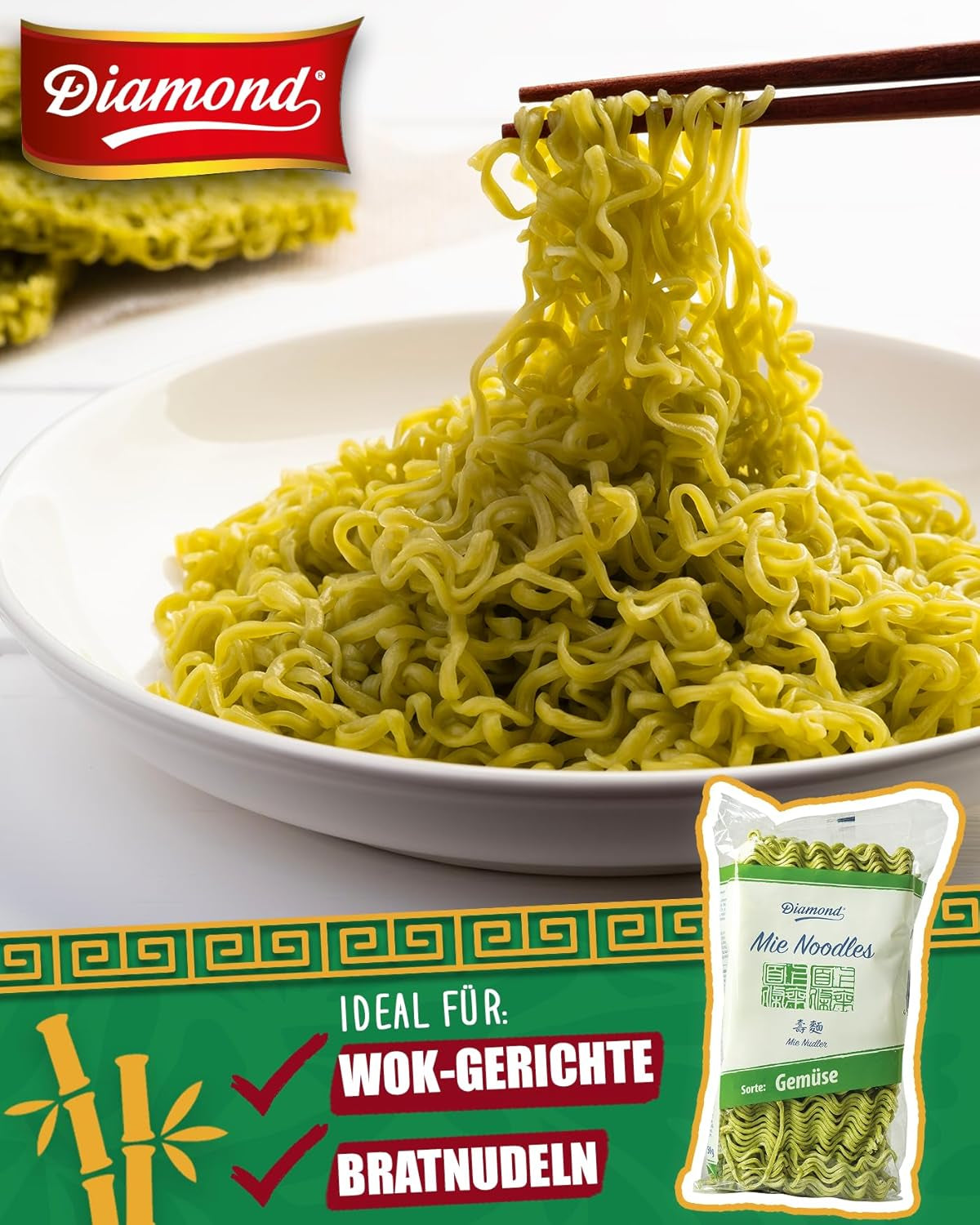 DIAMOND Mie Gemüsenudeln, Weizennudeln mit Gemüsepulver, ohne Ei, schnell und einfach, vegetarisch – 1 x 250 g