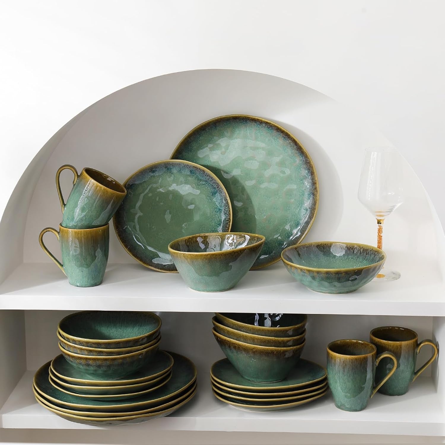 Henten Home Farfurii din gresie specială, boluri pentru gustări și sosuri - 20x17cm pentru 4 persoane, farfurii de mic dejun din porțelan - design modern verde