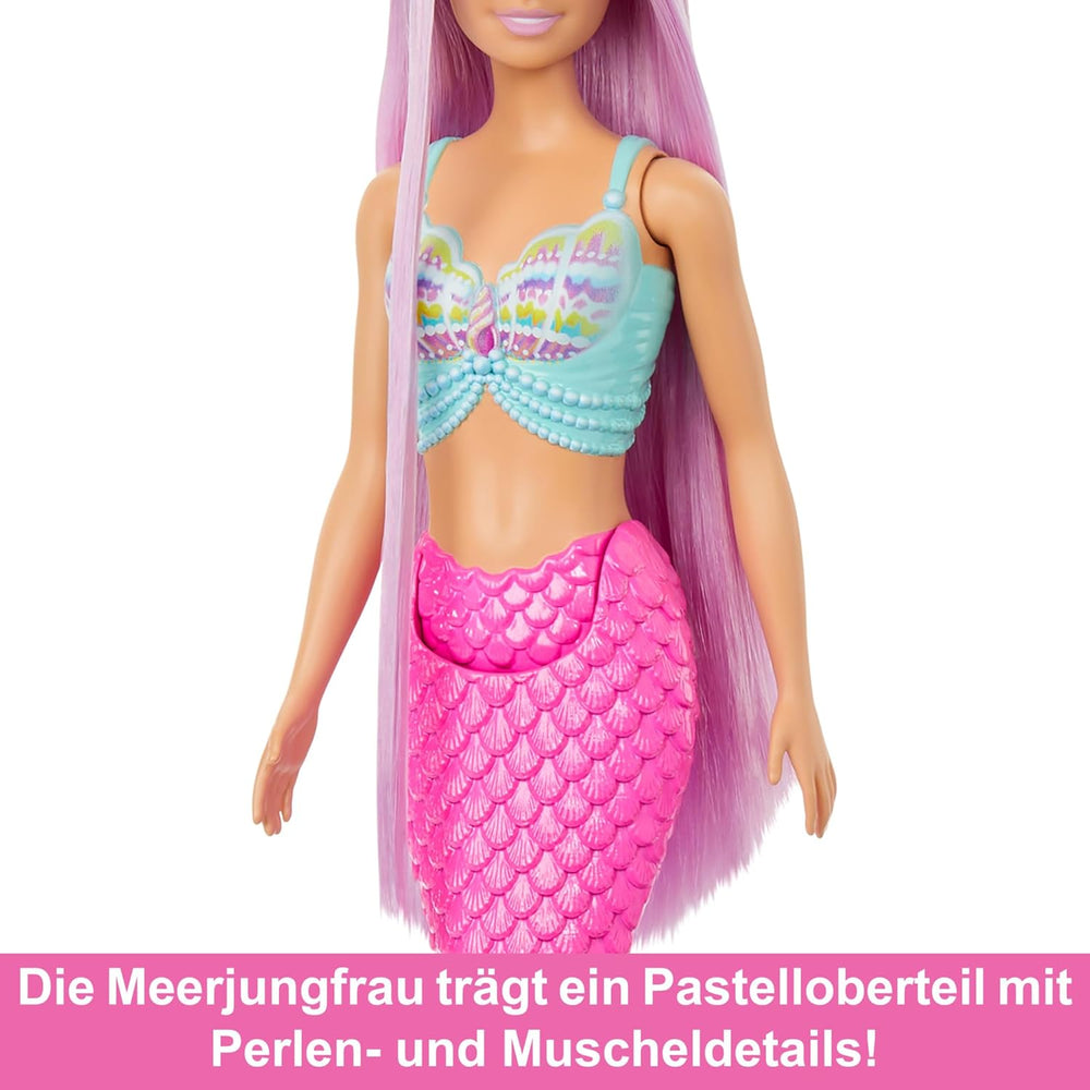Păpușa Barbie Sirenă - cu păr lung roz și accesorii pentru coafare individuală, inclusiv perie, vârf frumos în formă de scoică și aripioară caudală roz, pentru copii cu vârsta de 3 ani și peste, HRR00