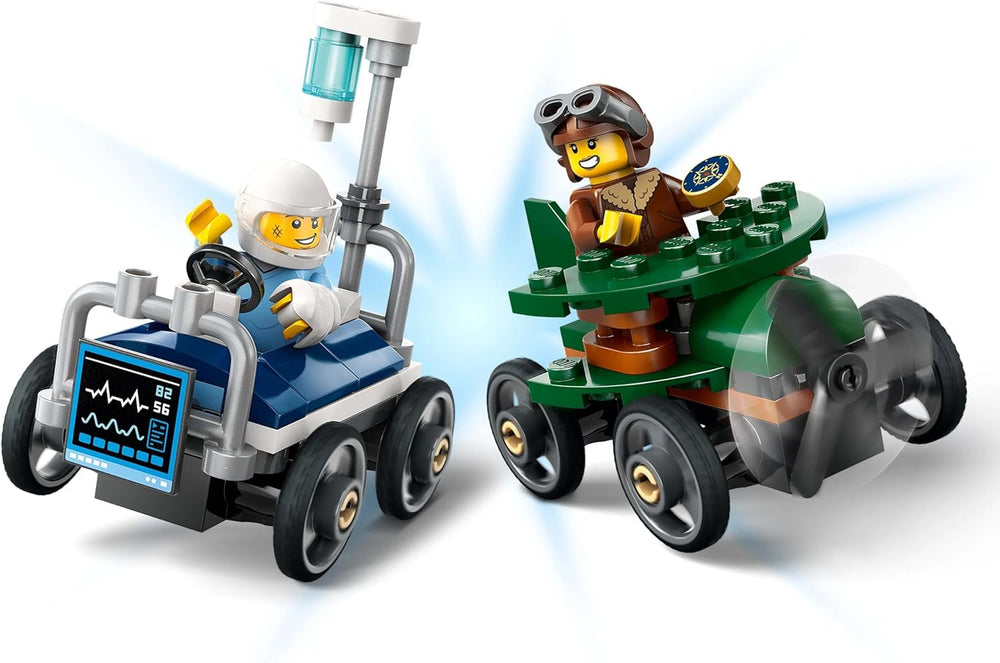 LEGO City Flugzeug vs. Krankenhausbett-Rennwagen-Set – Seifenkistenspielzeug für Jungen und Mädchen ab 5 Jahren – Bauset mit 2 Minifiguren – Geburtstags- und Weihnachtsgeschenk 60459 Bausätze Besuchen Sie den LEGO-Store