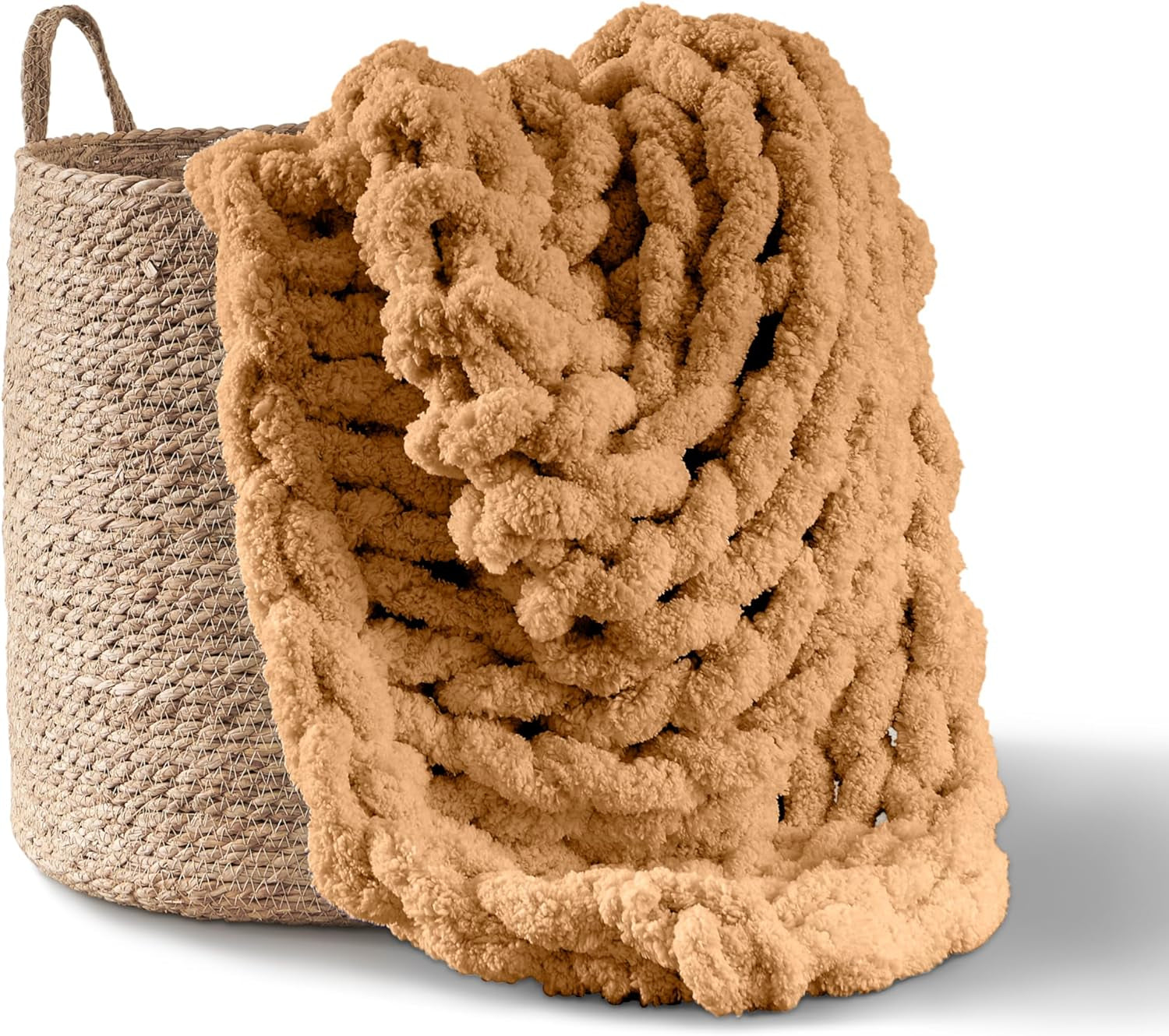 Grob gestrickte Decke, Überwurf, 100 % handgestrickt mit Jumbo-Chenille-Garn (127 x 152,4 cm, Fliedergrau) Adyrescia Betten und Decken, Farbe Karamell/Braun, 127 x 152 cm.