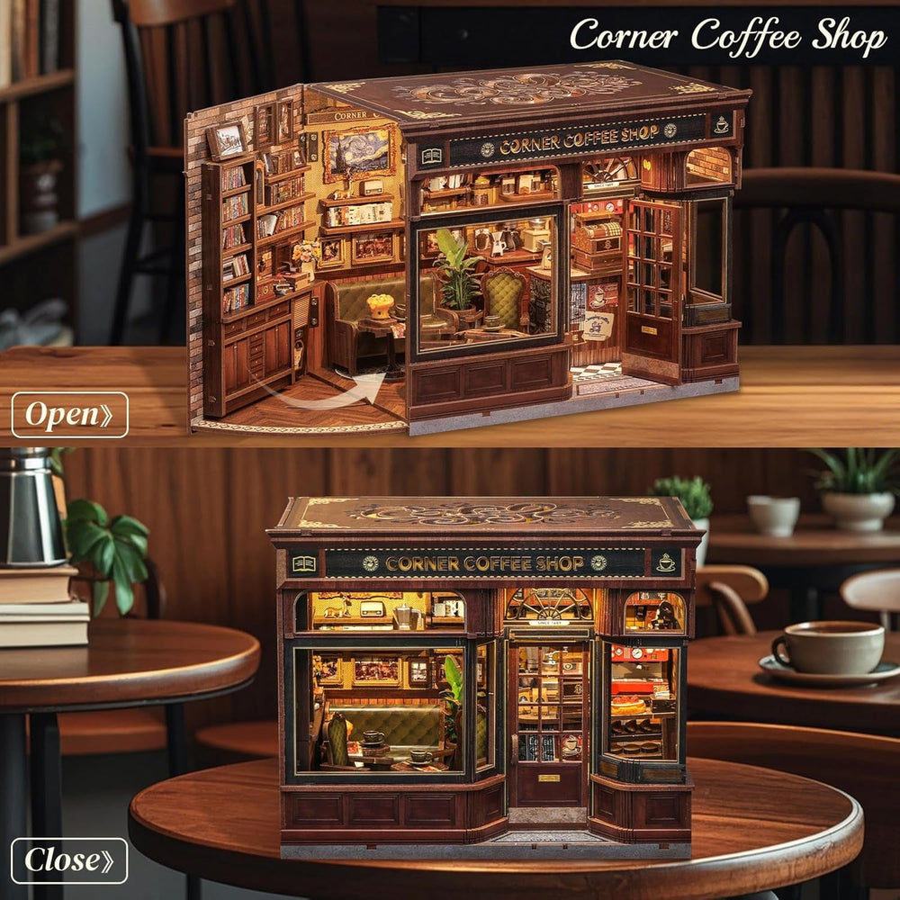 Kit Colț de Cărți CUTEBEE – Căsuțe de Păpuși DIY, Kit de Construit Căsuțe Miniatură pentru Adulți cu Lumină LED, Puzzle 3D din Lemn și Suport de Cărți – Decorațiune Raft de Cărți și Cadou (Cafeneaua din Colț)