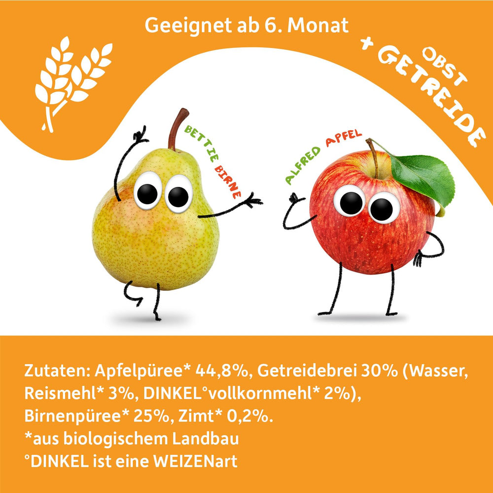 FRECHE FREUNDE Bio-Fruchtbeutel zum Quetschen, Apfel, Zimt, Birne, Reis, Dinkel, Fruchtpüree mit Müsli, für Babys ab 6 Monaten, vegan, 6er-Pack (6 x 100 g)