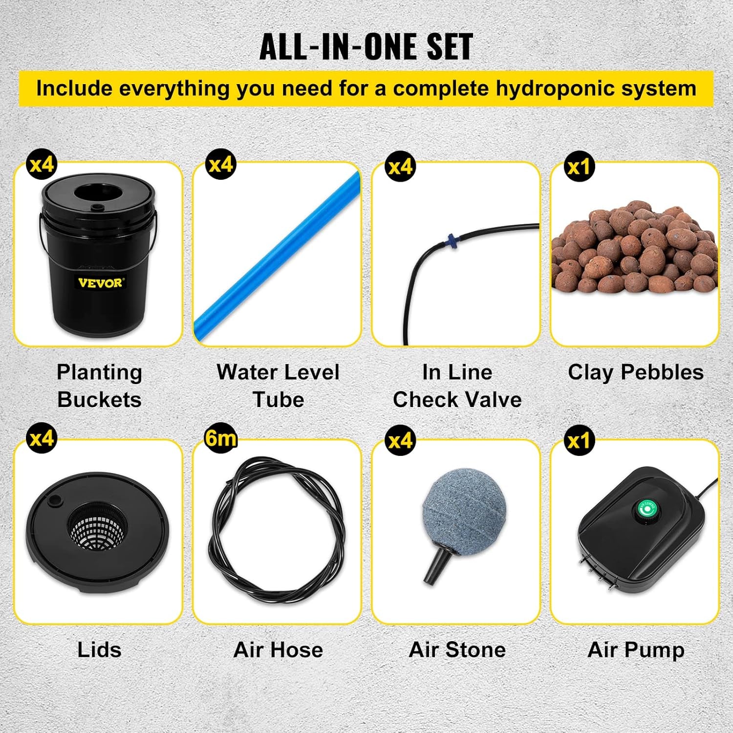 VEVOR DWC Hydrokultur-Anbausystem, Hydrokultur-Anbausysteme, Tiefwasseranbau, 4 20-Liter-Eimer, DWC-System mit Luftpumpe, Luftsteinen und Wasserstandsanzeige für Blattgemüse