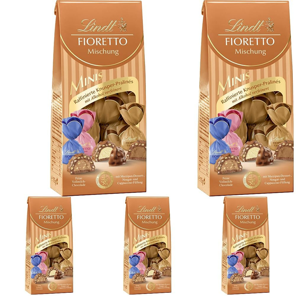 Schokolade - Sortiment FIORETTO Minis | 115 g | Ca. 10 Pralinen aus Milchschokolade in den Geschmacksrichtungen Marzipan, Cappuccino und Nougat, enthält Alkohol | Schokoladen-Geschenkset | Schokoladen-Geschenkset (5er-Pack)
